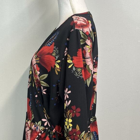 Boohoo Wrap Dress Plus size 16 Black Red Floral Ruffles Modest Wedding Church - Picture 7 of 13
